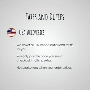 May include: A graphic with the text Taxes and Duties, USA Deliveries, and a circular United States flag icon. The text states that all U.S. import duties and tariffs are covered, the checkout price is final, and there are no surprise fees upon arrival.