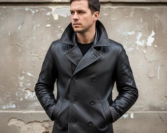 Men's Black Leather Pea Coat | Double-Breasted Reefer-Jacket | Full-Grain Sheepskin-Overcoat | Nautical Winter-Coat | Gift for Him