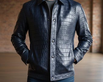 Blue Crocodile Leather Jacket Men / Embossed Gator Texture Leather-Shirt / Navy-Blue Leather-Coat / Handmade Gift-for-Him / Exotic-Style