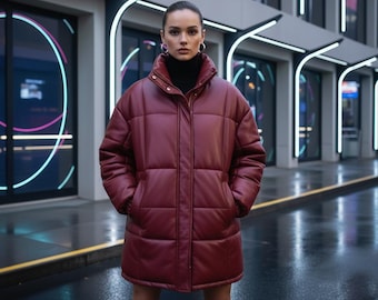 Oversized kastanjebruin leren pufferjack, opstaande kraag damesjas, donkerrood gewatteerd jack, Y2K-geïsoleerde winterbovenkleding