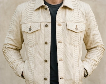 Men's Cream Snake Skin Leather Jacket | Genuine Python Embossed Trucker | Luxury Exotic-Textured Handmade-Coat | Gift