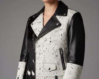 Women's Hair on Hide Leather Jacket, Black White Cowhide Biker-Coat | Genuine-Leather Moto-Jacket | Handmade-Western-Cowgirl Streetwear