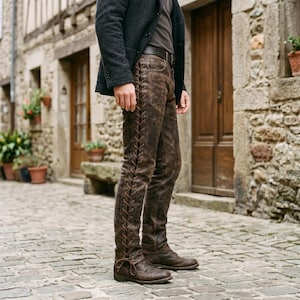 May include: Dark brown leather trousers featuring a vertical lace-up detail along the outer side of each leg, paired with a dark charcoal blazer. The trousers have a distressed finish and are worn with matching brown leather lace-up boots.