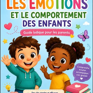 Könnte beinhalten: Buchcover mit dem Titel "COMPRENDRE LES ÉMOTIONS ET LE COMPORTEMENT DES ENFANTS" in bunten Buchstaben. Das Cover zeigt Cartoon-Illustrationen von zwei Kindern, Sternen, Herzen und einem Schmetterling. Der Text enthält "E-BOOK PARENTS" und "Guide ludique pour les parents."