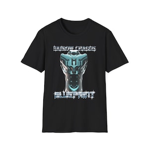 May include: Black t-shirt featuring a futuristic, teal-colored graphic with the text "HARROW CHASSIS" above and "BLUEPRINT" below. The graphic has a smiling face at the bottom. The shirt is made of a soft material.