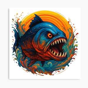 May include: A vibrant illustration of a piranha with an open mouth, showcasing sharp teeth. The fish is primarily blue and orange, set against a yellow and orange sun-like background, with water splashes in blue and green.