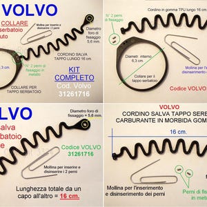 May include: A Volvo fuel tank cap kit, featuring a black rubber cord, a collar, and a paperclip. The cord measures 16 cm in length, with a fixing hole diameter of 5.6 mm. The kit includes two metal pins. The text "VOLVO" is visible.