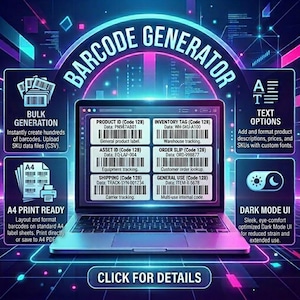 Puede incluir: Una pantalla de portátil muestra una interfaz de generador de códigos de barras con opciones para la generación masiva, diseños A4 listos para imprimir y personalización de texto. La interfaz incluye ID de producto, etiqueta de inventario y etiquetas de envío.