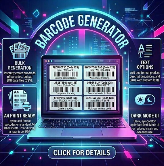 Barcode Sticker Generator, Print SKU Labels for Inventory, Retail & Warehouse, Bulk Sticker Printing, Product Tracking IDs, Small Business