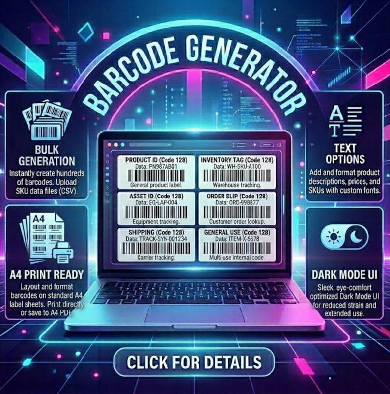May include: A laptop screen displays a barcode generator interface with options for bulk generation, A4 print-ready layouts, and text customization. The interface includes product ID, inventory tag, and shipping labels. The design features a dark mode UI.