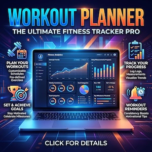 Puede incluir: Una computadora portátil muestra una interfaz de seguimiento de ejercicios con gráficos. La pantalla muestra planes de entrenamiento, seguimiento del progreso y establecimiento de objetivos. El texto en la imagen dice "Workout Planner" y "The Ultimate Fitness Tracker Pro."