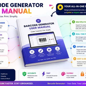 May include: A user manual titled "Barcode Generator" with a blue and white cover. The manual promises to create, customize, and print barcodes. The image includes icons for generating barcodes, customizing designs, printing labels, and importing data.