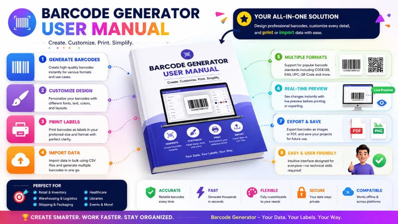 May include: A user manual titled "Barcode Generator" with a blue and white cover. The manual promises to create, customize, and print barcodes. The image includes icons for generating barcodes, customizing designs, printing labels, and importing data.