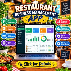 Puede incluir: Un portátil que muestra el panel de control de una aplicación de gestión de restaurantes con datos de ventas, gráficos de estado de pedidos y una lista de artículos más vendidos. La pantalla incluye texto como Restaurant Pro y Click for Details.
