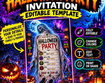 Halloween-Party-Einladung: Bearbeitbare Canva-Vorlage, gruselige Einladung im Gothic-Horror-Stil mit Geistermotiven, digitale, personalisierbare und druckbare Einladung zum Spukhaus