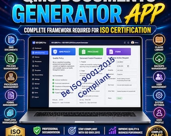 ISO 9001:2015 QMS-Dokumentengenerator, über 71 Qualitätsmanagement-Vorlagen, Checklisten für interne Audits, Gap-Analyse-Matrix und Konformitätsregister