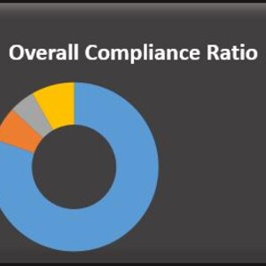 K&ouml;nnte beinhalten: Ein Ringdiagramm, das das Gesamtkonformit&auml;tsverh&auml;ltnis darstellt. Es ist in blaue, orangefarbene, graue und gelbe Segmente unterteilt, mit dem Text "Overall Compliance Ratio" dar&uuml;ber. Eine Legende rechts erkl&auml;rt die Farben.