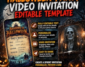 Halloween-Party-Videoeinladung: Bearbeitbare Canva-Vorlage (9:16, vertikal, mobiloptimiert, animiert, gruselig, unheimlich) – Digitaler Download