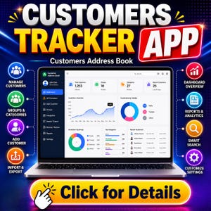 Puede incluir: Un ordenador portátil que muestra el panel de control de una aplicación de seguimiento de clientes con visualizaciones de datos, gráficos y listas. La pantalla muestra métricas como el total de clientes, grupos y categorías. Iconos circundantes representan funciones.