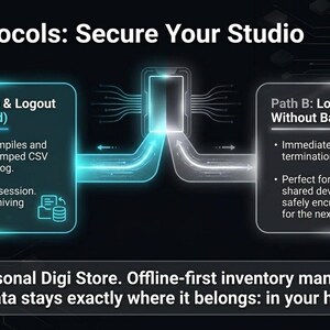 May include: A digital graphic illustrating "Exit Protocols: Secure Your Studio." It shows two paths: Path A, "Backup & Logout," and Path B, "Logout Without Backup." Text explains each path's function, with a focus on data security and inventory management.