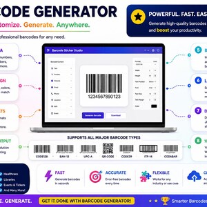 May include: An advertisement for a barcode generator. The image shows a laptop displaying a barcode, surrounded by icons and text describing features like data creation, design customization, and multiple formats. The text reads "Create. Customize. Generate. Anywhere."