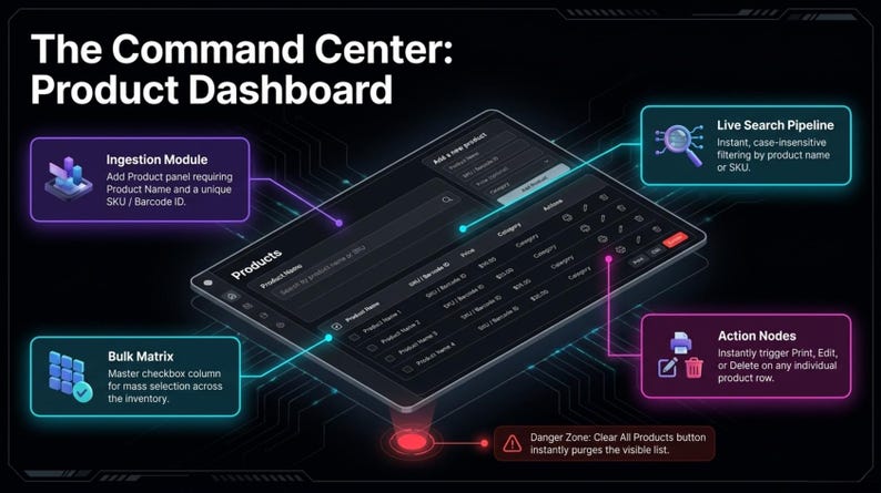 May include: A digital product dashboard interface with the title "The Command Center: Product Dashboard". Features include an ingestion module, bulk matrix, live search pipeline, and action nodes. The interface displays product data and options.