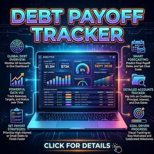 May include: A laptop screen displays a debt payoff tracker interface. The screen shows financial data visualizations, including debt overview, progress, and detailed account information. Text on the screen includes "DEBT PAYOFF TRACKER" and "CLICK FOR DETAILS."