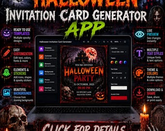 Halloween Invitation Designer & Generator App: Customizable, Printable, Editable E-Card PDF downloadable Template, Canva Alternative Tool
