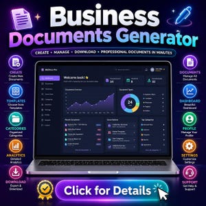 Puede incluir: Un portátil que muestra un panel de control Business Documents Generator con fondo oscuro, gráficos y opciones de gestión. La interfaz incluye etiquetas de texto como Create, Manage, Download y un botón de Click for Details.