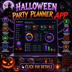 Może przedstawiać: Laptop wyświetlający pulpit aplikacji do planowania imprez Halloween z funkcjami zarządzania zadaniami, budżetem i gośćmi. Ekran zawiera kolorowe wykresy, paski postępu oraz tekst Halloween Party Planner App.