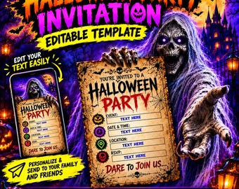 Halloween-Party-Einladung: Bearbeitbare Canva-Vorlage, gruselige Einladung mit Sensenmann-Skelett für ein Spukhaus, herunterladbar, druckbar, personalisierbar