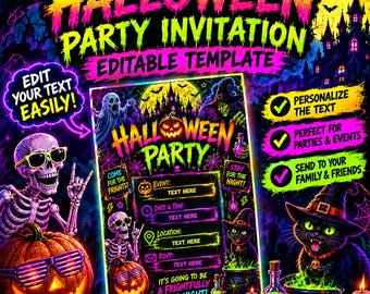 Halloween-Party-Einladung: Bearbeitbare Canva-Vorlage mit Neon-Motiven, gruseliger Hexe, Geist, Katze und Skelett – Spukhaus-Kostümparty, druckbare digitale Einladung