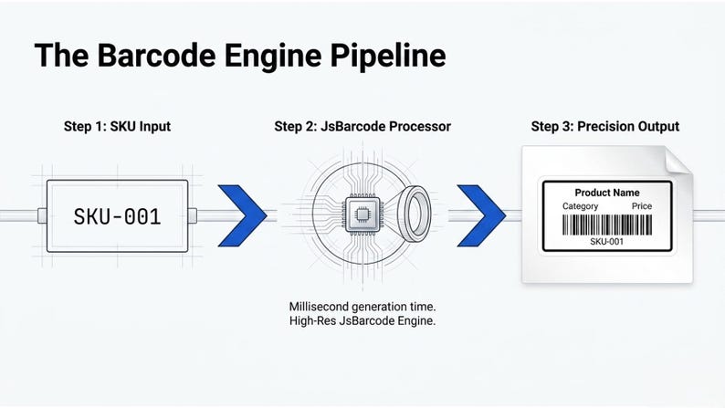 May include: Diagram illustrating the barcode engine pipeline, with steps labeled: SKU Input, JsBarcode Processor, and Precision Output. The process includes a SKU-001 input, a processor, and a barcode label with product information.