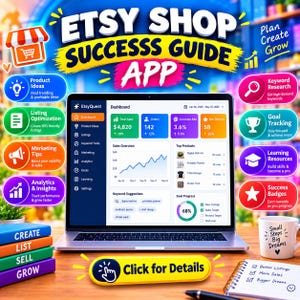 May include: A laptop displaying the EtsyQuest dashboard with sales data, keyword suggestions, and goal progress. Surrounding the screen are colorful icons for product ideas, listing optimization, marketing, and analytics, plus a click for details button.