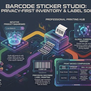 May include: An infographic for Barcode Sticker Studio, a privacy-first inventory and label solution. Features include secure local setup, intuitive product dashboard, professional printing hub, and data security. The image shows a printer, a globe, and a lock icon.