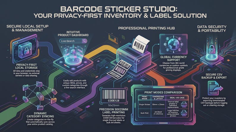 May include: An infographic for Barcode Sticker Studio, a privacy-first inventory and label solution. Features include secure local setup, intuitive product dashboard, professional printing hub, and data security. The image shows a printer, a globe, and a lock icon.