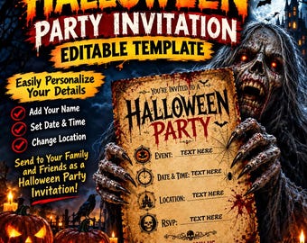 Halloween-Party-Einladung: Bearbeitbare Canva-Vorlage, gruselige Einladung mit Sensenmann-Skelett für ein Spukhaus, herunterladbar, druckbar, personalisierbar