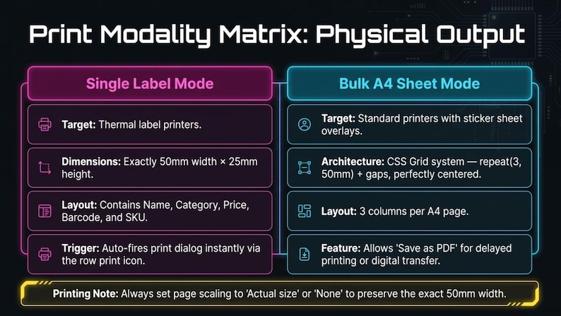 May include: A graphic illustrating a "Print Modality Matrix: Physical Output" with two modes: "Single Label Mode" and "Bulk A4 Sheet Mode." The Single Label mode specifies dimensions of 50mm width x 25mm height. The Bulk A4 Sheet Mode uses standard printers.