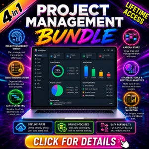 May include: A laptop displaying a Project Management Bundle dashboard with charts, project status, and task tracking. The graphic includes text labels for a 4-in-1 system, Kanban board, Gantt chart, and budgeting tools, set against a neon background.