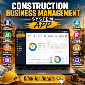 Könnte beinhalten: Ein Laptop zeigt das Dashboard des BuildLedger Bau-Unternehmensverwaltungssystems mit Projekt-, Rechnungs- und Ausgabendaten. Der Bildschirm zeigt Diagramme und Tabellen, umgeben von Verwaltungs-Symbolen und einem gelben Bauhelm.