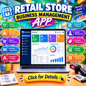 Peut inclure: Un ordinateur portable affichant le tableau de bord d'une application de gestion de magasin de détail avec des graphiques. Des icônes entourent l'écran pour la gestion des stocks et des ventes. Un lecteur de codes-barres est présent.