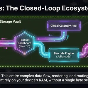 May include: Diagram illustrating a closed-loop ecosystem, with interconnected boxes and arrows. Text includes "Data Port (CSV)", "Product Dashboard (Live DB)", "Barcode Engine (JsBarcode)", and "Print Modality Matrix (A4/Single)". The diagram is on a dark green background.