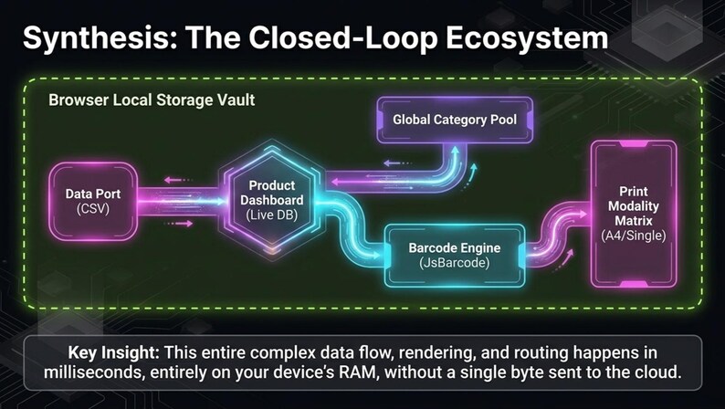 May include: Diagram illustrating a closed-loop ecosystem, with interconnected boxes and arrows. Text includes "Data Port (CSV)", "Product Dashboard (Live DB)", "Barcode Engine (JsBarcode)", and "Print Modality Matrix (A4/Single)". The diagram is on a dark green background.