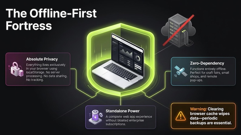 May include: An infographic titled "The Offline-First Fortress" with a laptop at the center, surrounded by icons representing privacy, zero-dependency, and standalone power. Text warns about clearing browser cache. The background is dark.