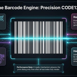 May include: An infographic titled "The Barcode Engine: Precision CODE128" on a dark background. It features a barcode graphic and details on format, resolution, and rendering engine. The text includes "Hardware Agnostic" and "Performance Note."