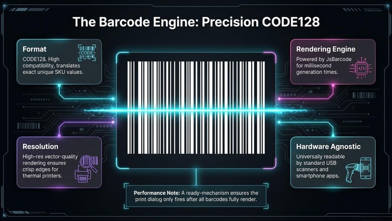 May include: An infographic titled "The Barcode Engine: Precision CODE128" on a dark background. It features a barcode graphic and details on format, resolution, and rendering engine. The text includes "Hardware Agnostic" and "Performance Note."