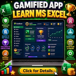 MS Excel Learning App, Learn Excel Offline with Quizzes, Formulas, Shortcuts, Practice Tests, Course Progress Tracker, Office Skills Guide