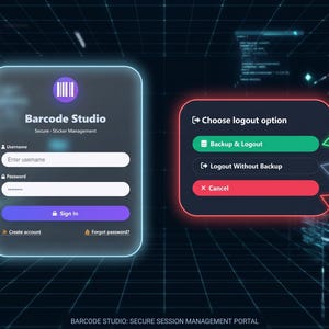May include: A digital interface for Barcode Studio, featuring a login screen with username and password fields, and a logout option. The interface includes options for account setup, safe exit, quick exit, and aborting the logout process.