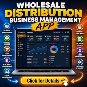Könnte beinhalten: Ein Laptop zeigt das DistBiz Pro Dashboard für die Verwaltung von Großhandelsunternehmen. Der Bildschirm zeigt Verkaufsdaten, Diagramme und Bestelllisten. Symbole an den Seiten repräsentieren Funktionen wie Einzelhandel, Produkt, Verkauf und Zahlungsmanagement.