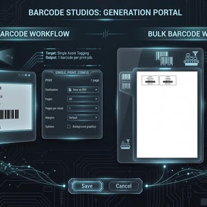 May include: A digital interface for barcode generation, featuring "BARCODE STUDIOS: GENERATION PORTAL" at the top. The interface is divided into "SINGLE BARCODE WORKFLOW" and "BULK BARCODE WORKFLOW" sections, with options for printing and saving barcode labels.